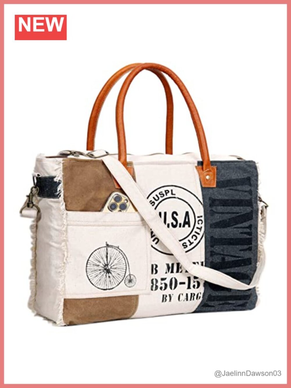 Canvas Patchwork Tote Bag with Leather Handles, Detachable Shoulder Strap,